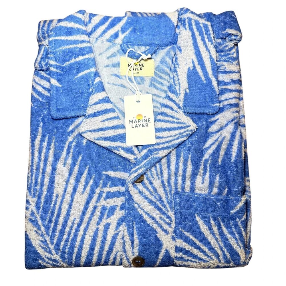 Marine Layer Terry Cloth Jacquard Resort Shirt Blue Frond Palm Print Mens sz M/L